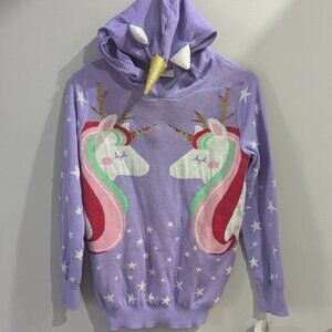 NWT Ugly Christmas Hoodie Sweater Purple Holiday 3D Horn Unicorn Kids/Girls XL